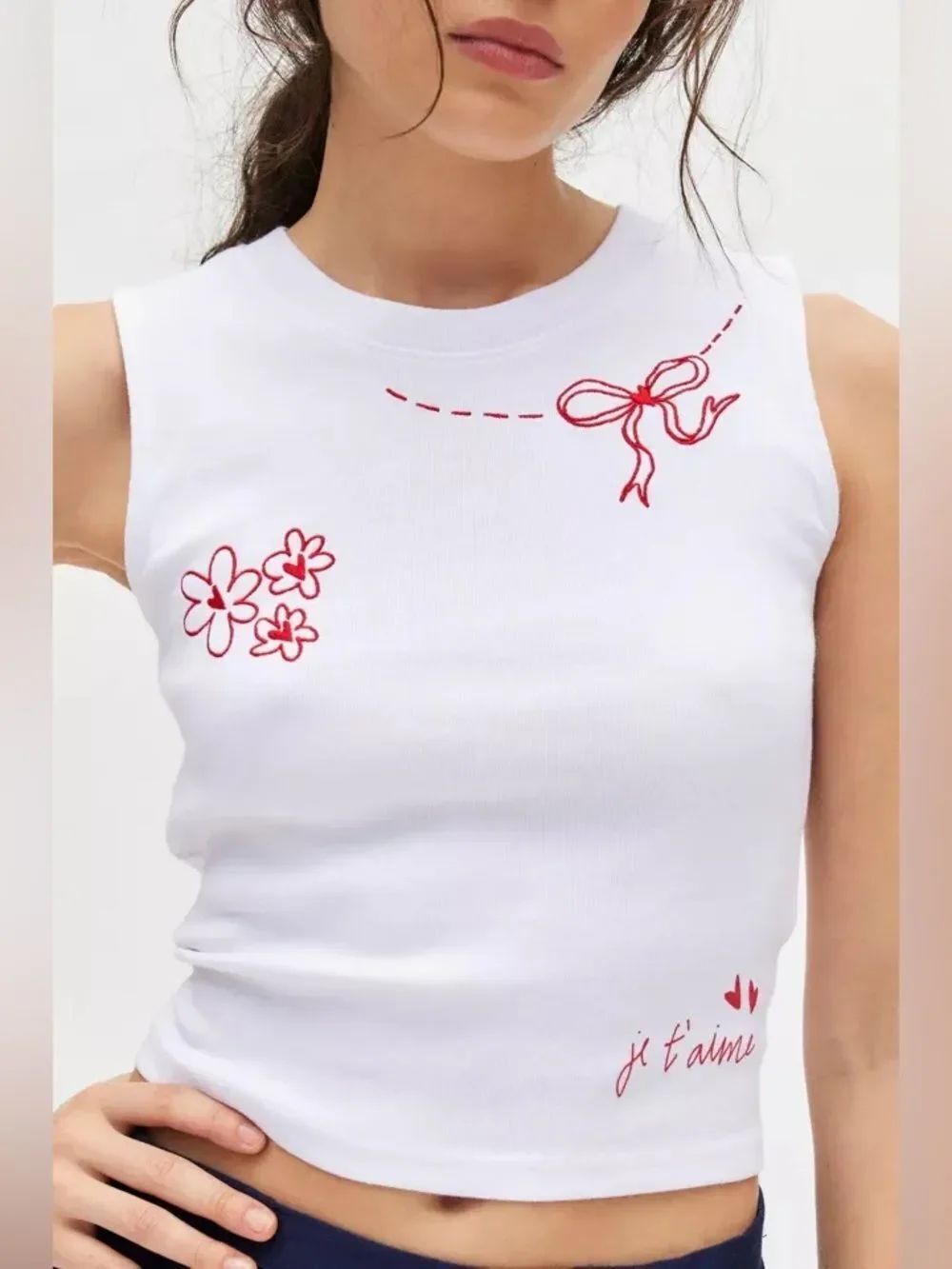 NWT Urban Outfitters Women's Je T'aime High Neck Tank Top in White/ Red Size 2XL